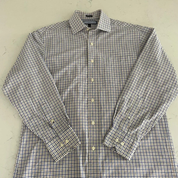 Tommy Hilfiger Ithaca LS Button Down Check Print Dress Shirt Blue Wht Tan Sz 15 - Picture 2 of 12